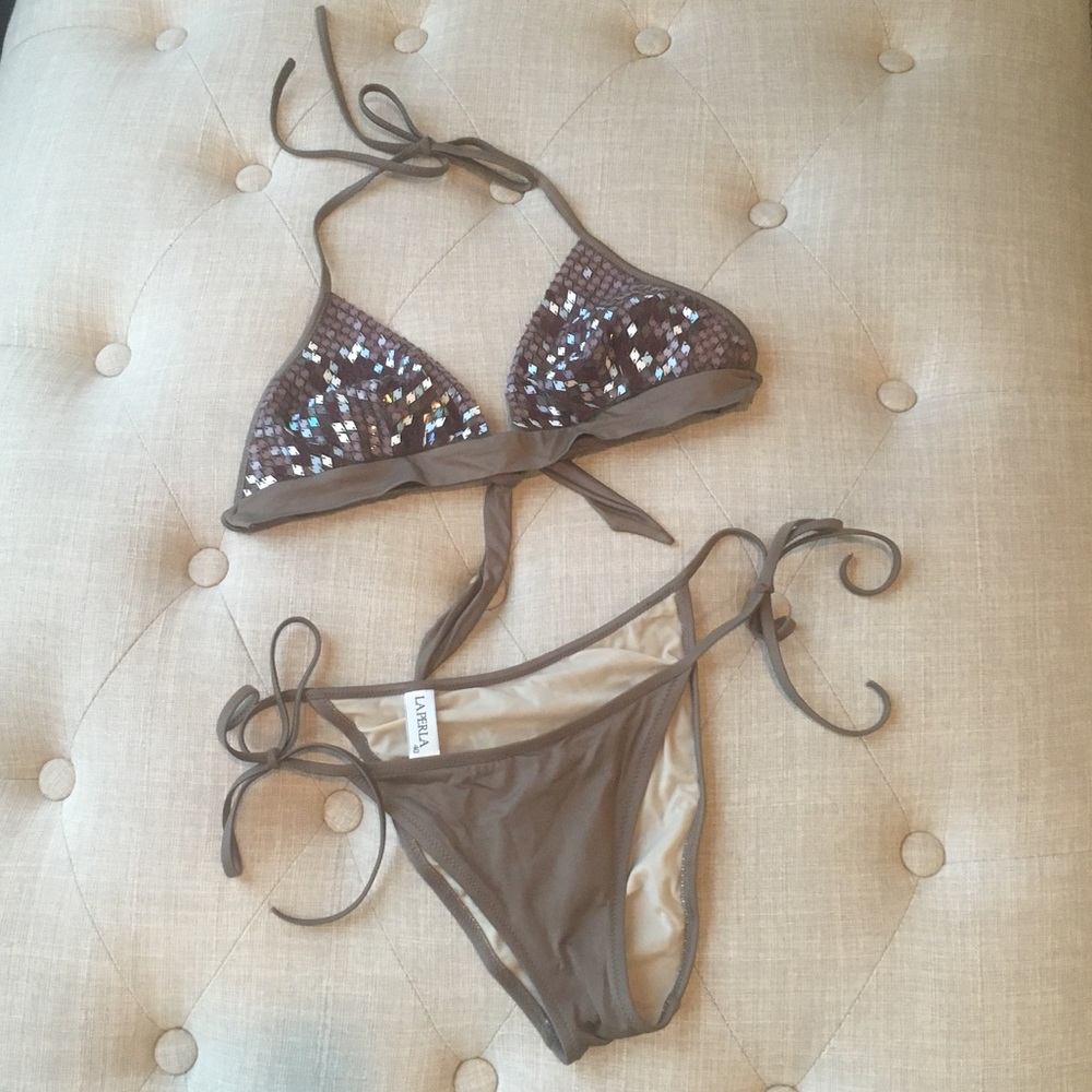 La Perla Mosaico Sequins Light Brown Triangle Bikini Top & Bottom Sz 4 US $545 - Picture 1 of 16